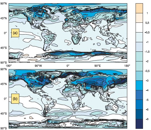 Figura 1 Variazione della temperatura superficiale in &deg;C a seguito del CNM da giugno ad agosto (a) e da dicembre a febbraio (b) nel periodo di 2-&shy;‐6 anni dopo il conflitto (Mills e altri)